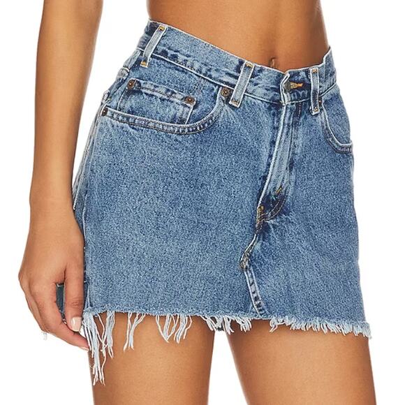 aligrace Levi's 501 Denim Mini Skirt Raw Hem SIZE 23 Reworked Unique $258 NEW - Picture 3 of 9